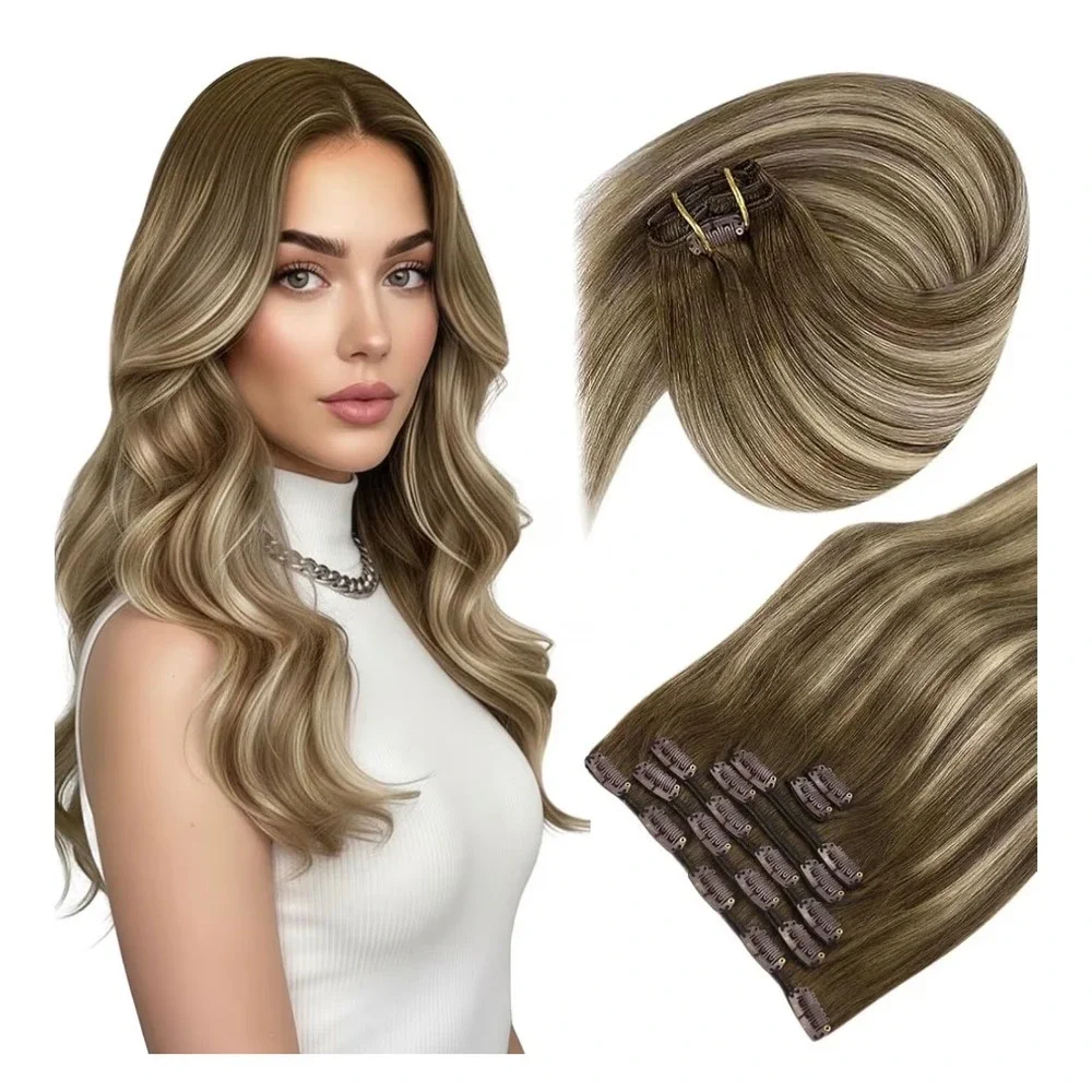 Sunny Hair Clip in Hair Extensions Real Human Hair Balayage Brown 120g New